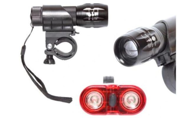 Cykellampor fram och bak, set för cykelsäkerhet.