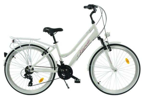 Vit cykel för dam med pakethållare