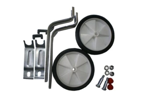 Cykelstödhjul för barn, med monteringsdelar i metall.