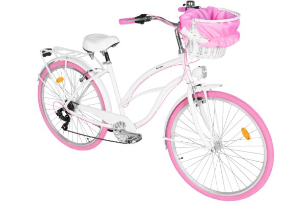 Vit cykel med rosa detaljer och korg.