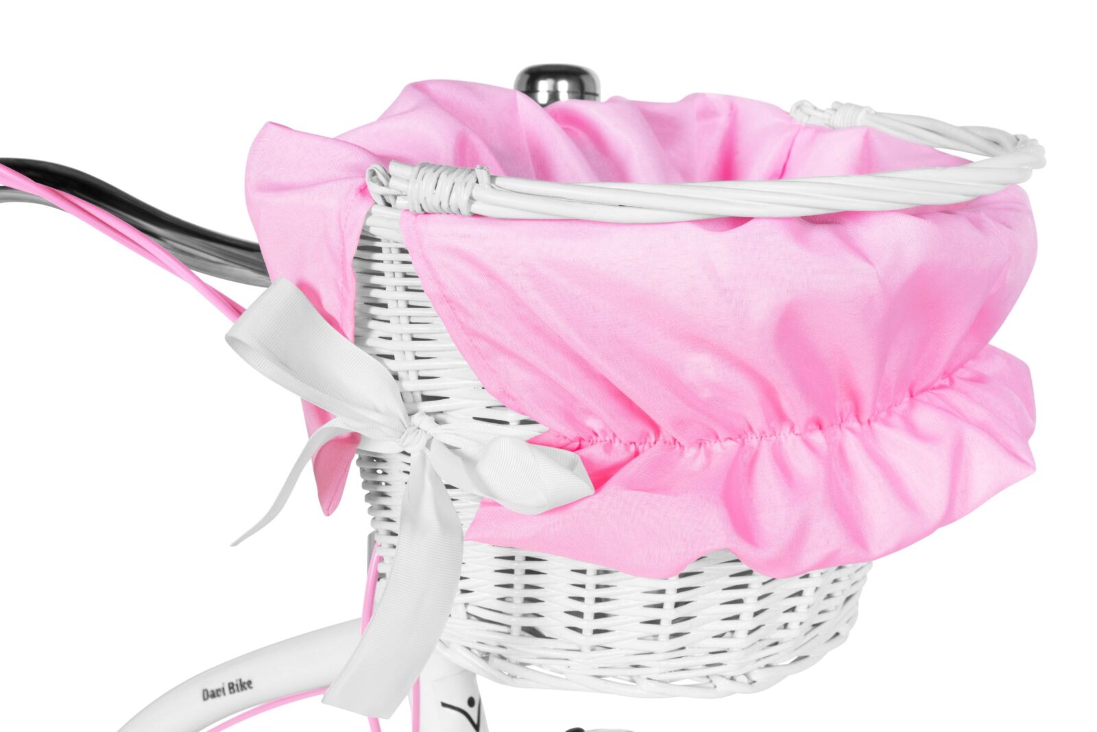Vit cykelkorg med rosa tygöverdrag och rosett.