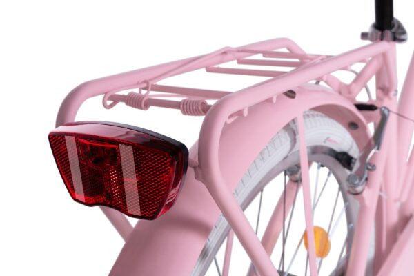 Rosa cykel med baklyse och pakethållare