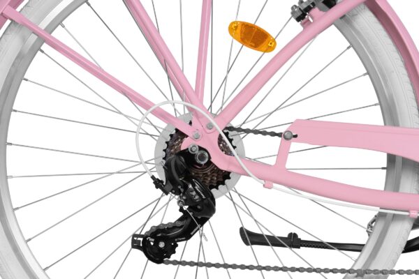 Bakre cykeldel med kedja och växlar, rosa ram.
