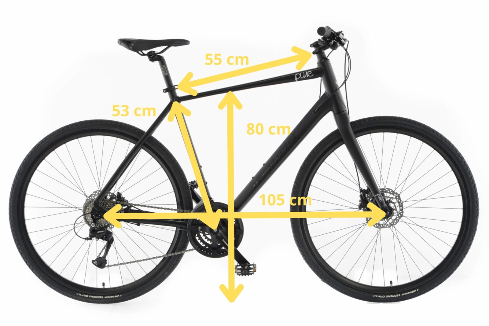 Svart cykel med måttangivelser i centimeter