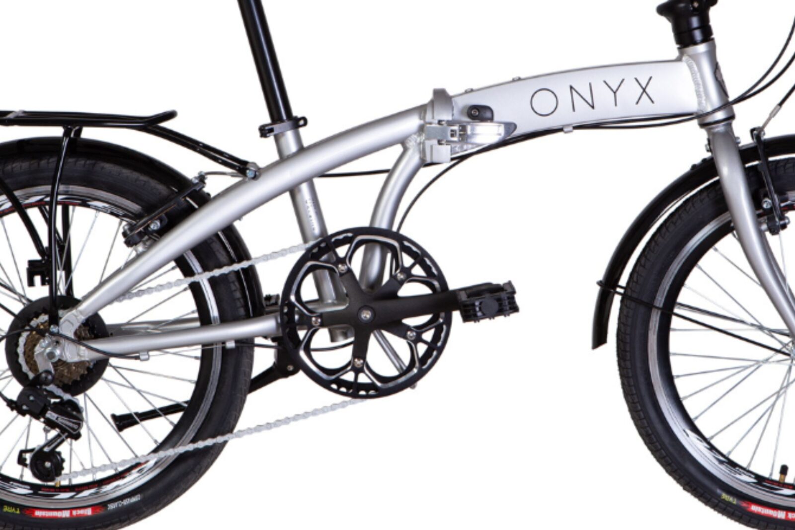 Hopfällbar cykel med svarta hjul och silverram
