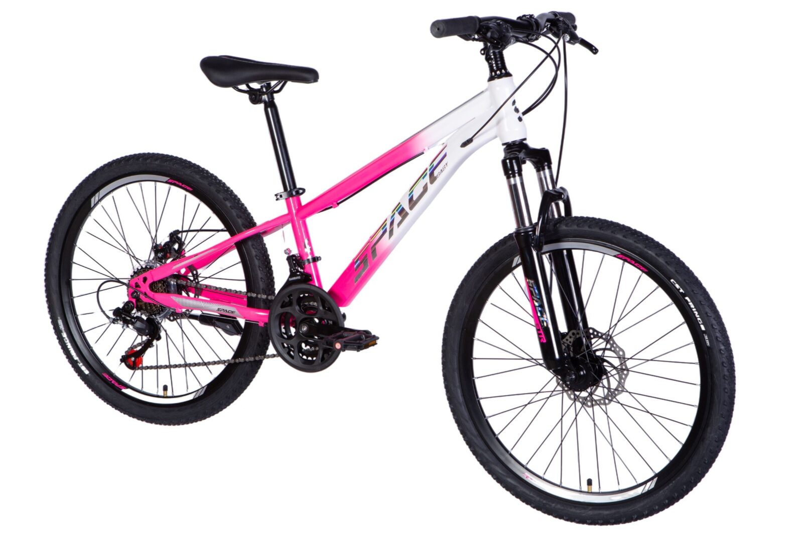 Růžový horský bicykl s bílým rámem