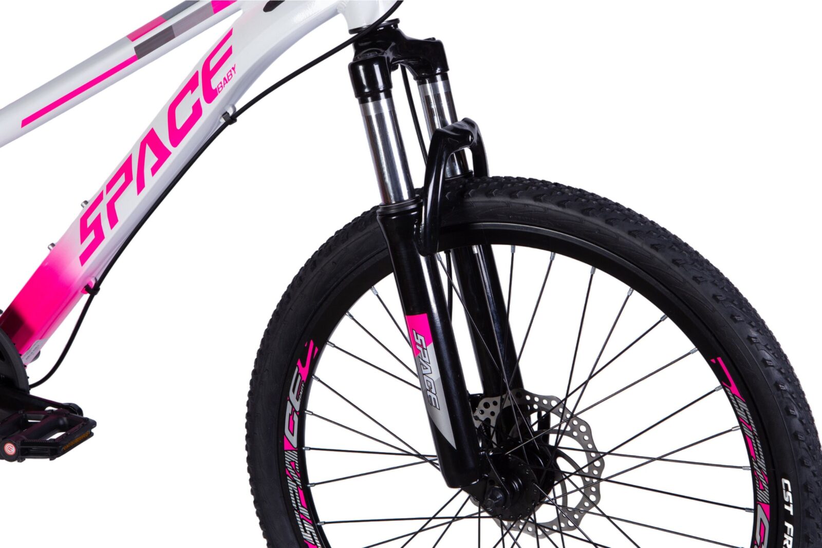 Růžový horský bicykl s odpružením a diskovými brzdami