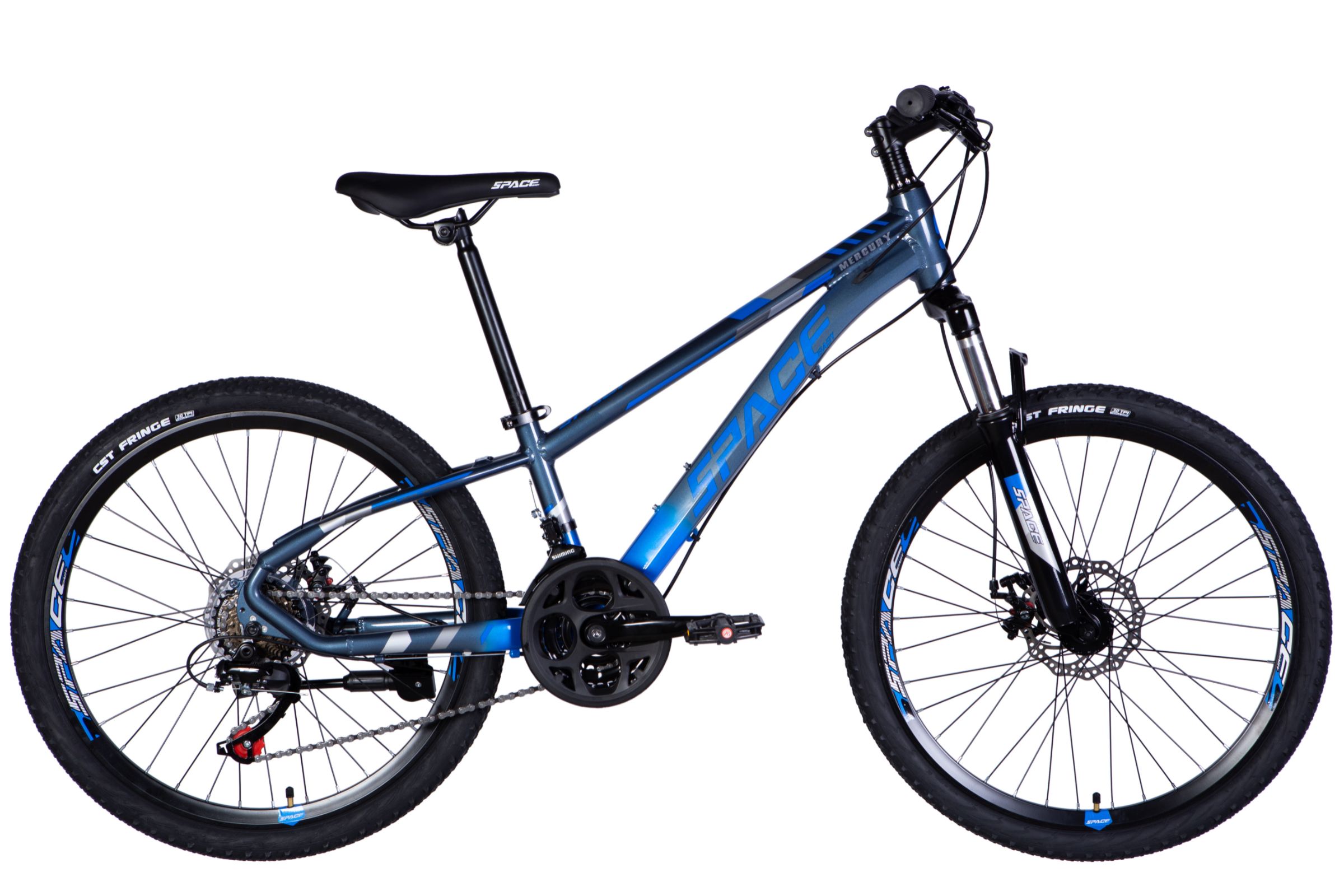 Modrý horský bicykl s diskovými brzdami.