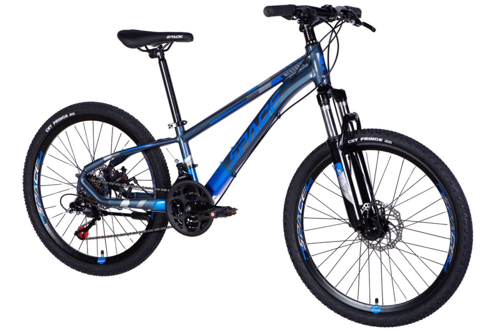 Horský bicykl v modré barvě s odpružením.