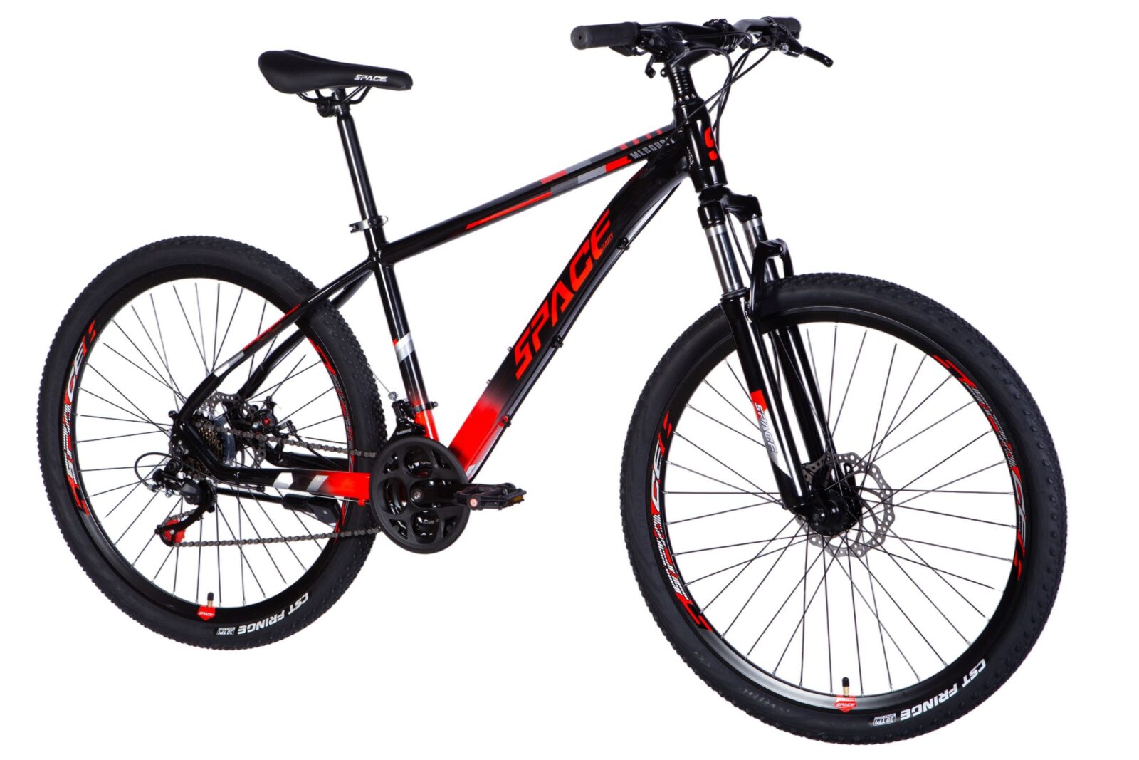 Mountain bike s černou a červenou barvou.