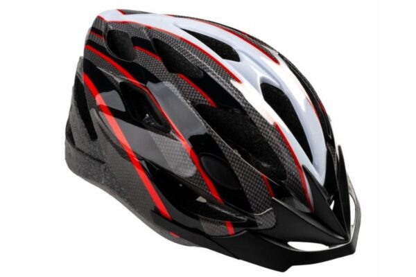 Cykelhjälm med röda och svarta detaljer.