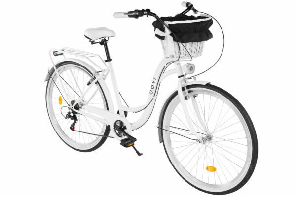 Vit damcykel med korg och pakethållare.