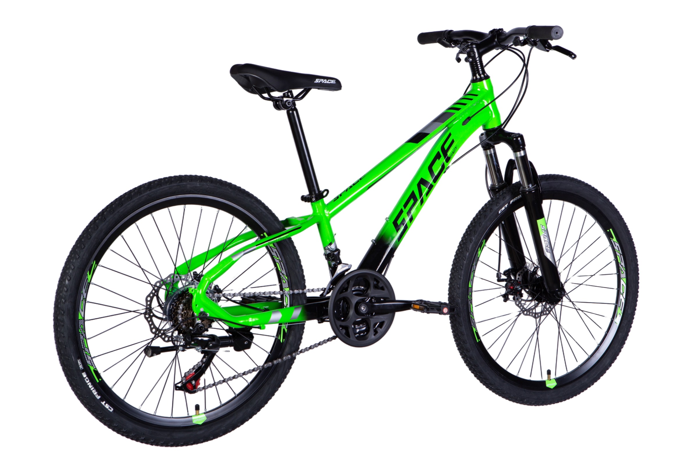 Zelený horský bicykl se širokými pneumatikami