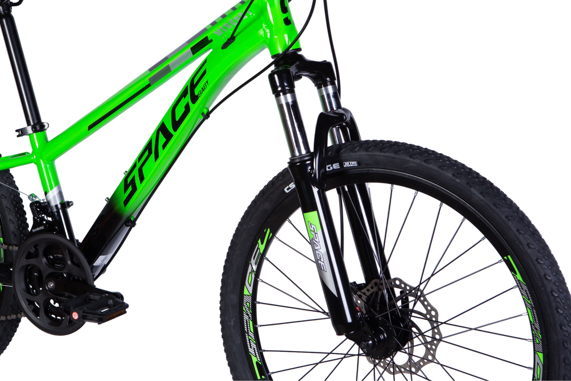 Zelený horský bicykl s černými komponenty.