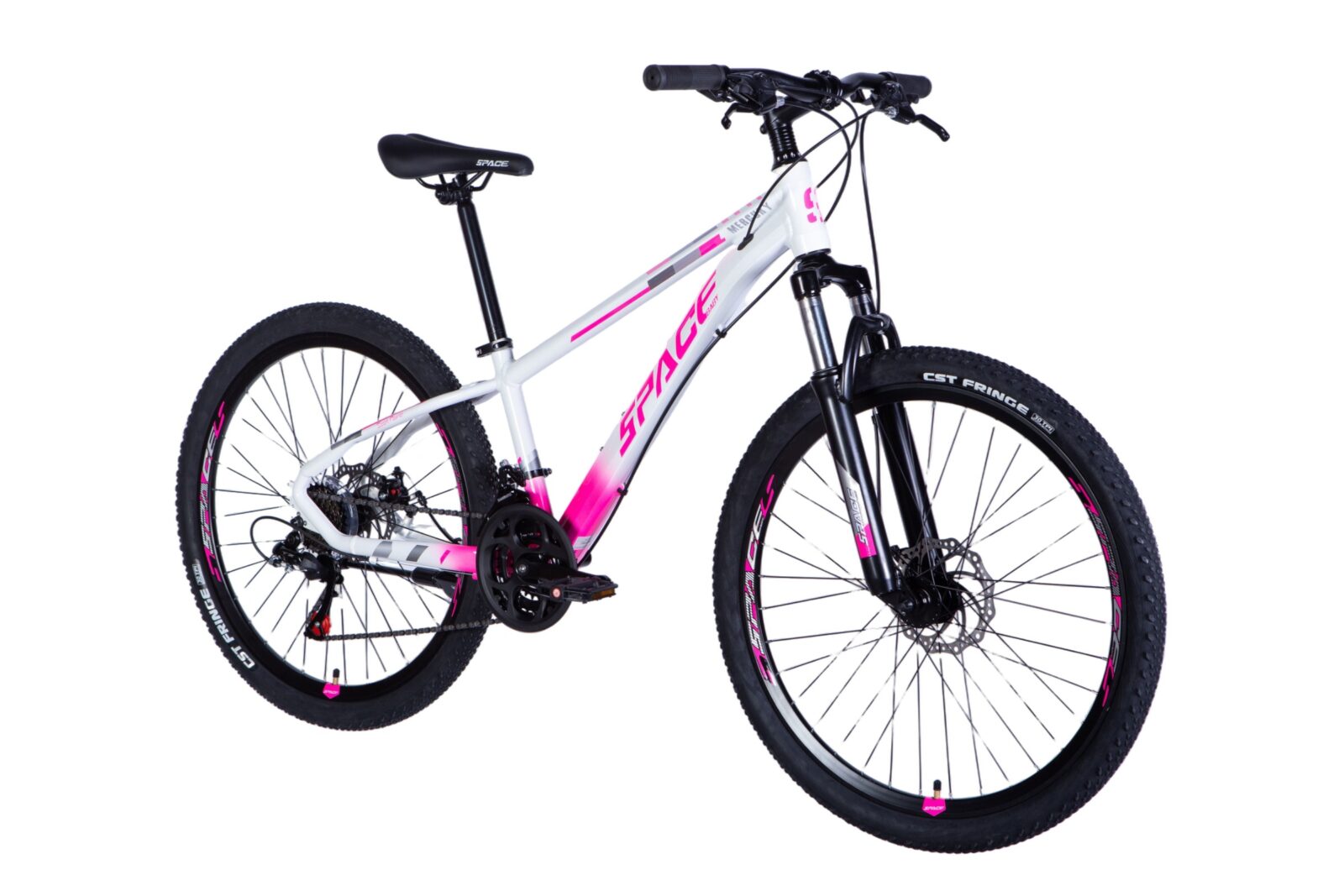 Bílý horský bicykl s růžovými detaily.