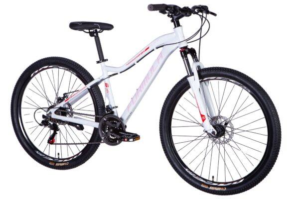 Vit mountainbike med svarta däck och framfjädring.