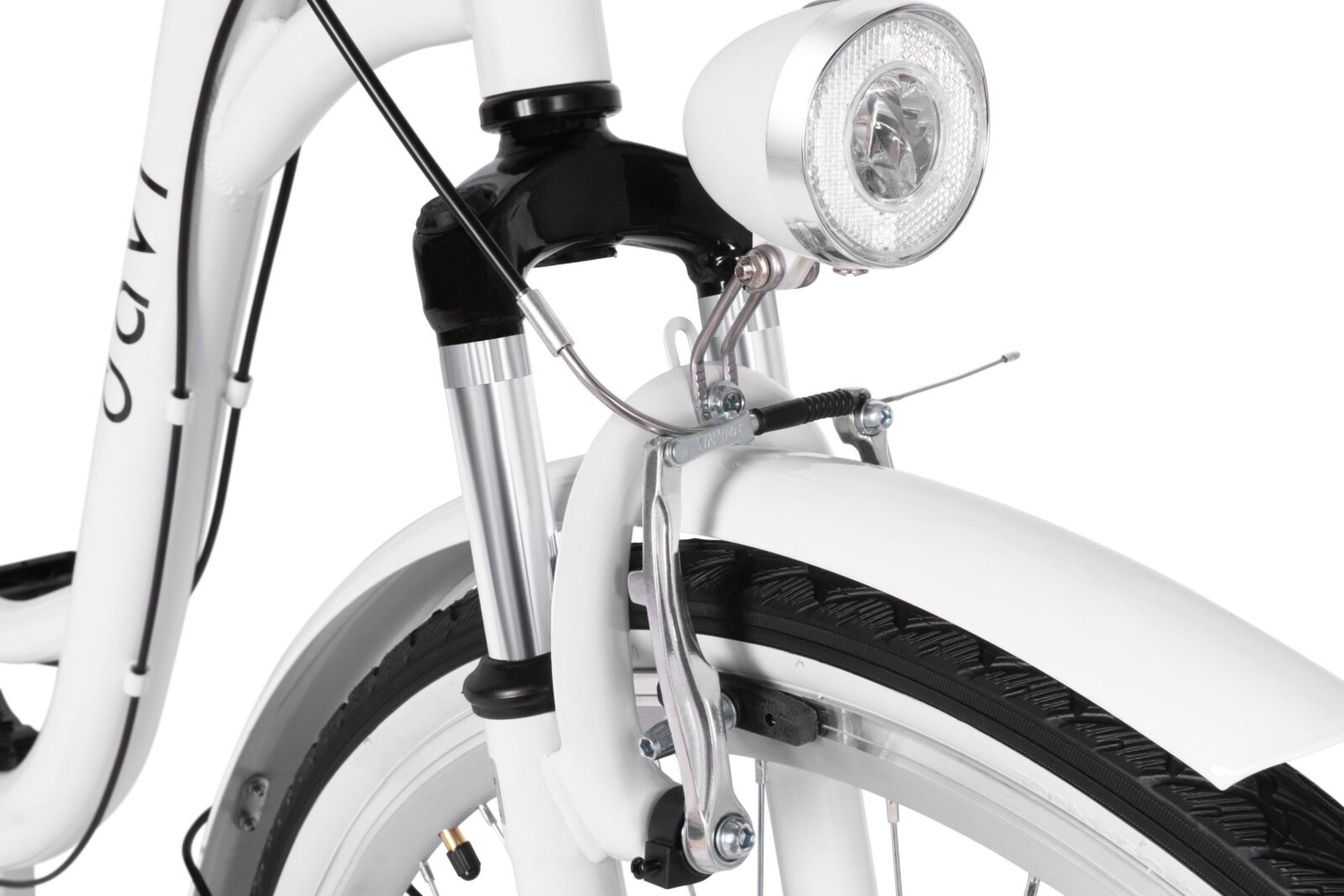 Närbild på vit cykel med frontlampa och dämpare.