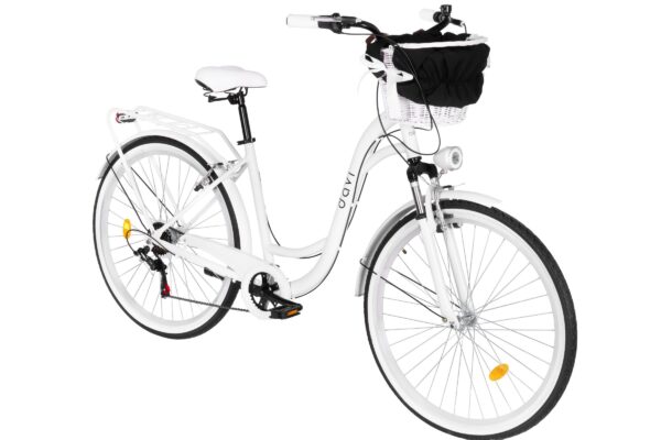 Vit cykel med korg och pakethållare