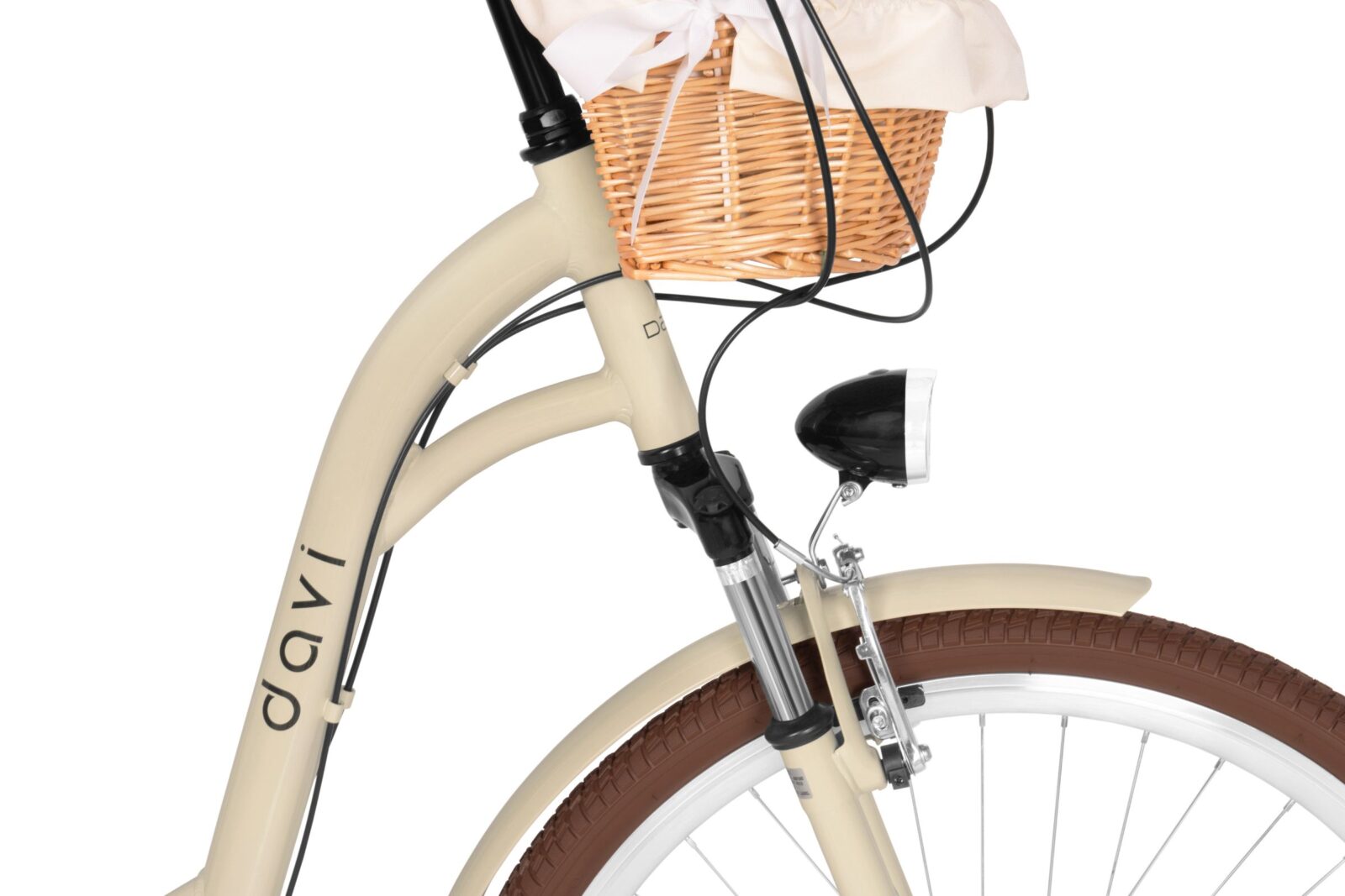 Beige cykel med korg och lampa fram