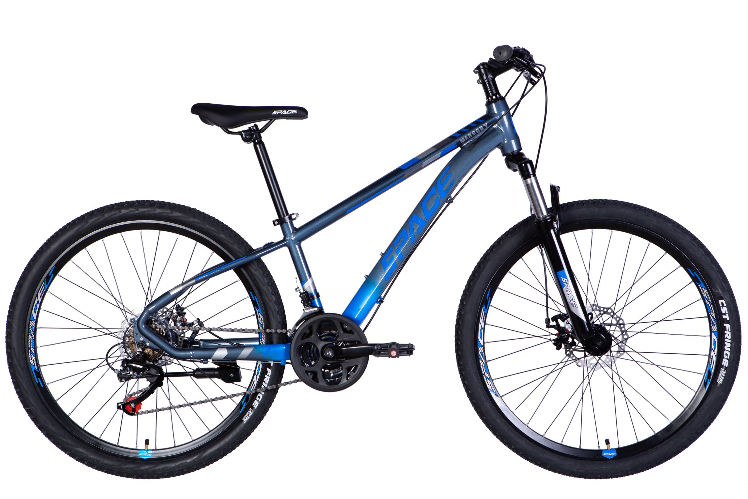 Modrý horský bicykl s širokými pneumatikami.