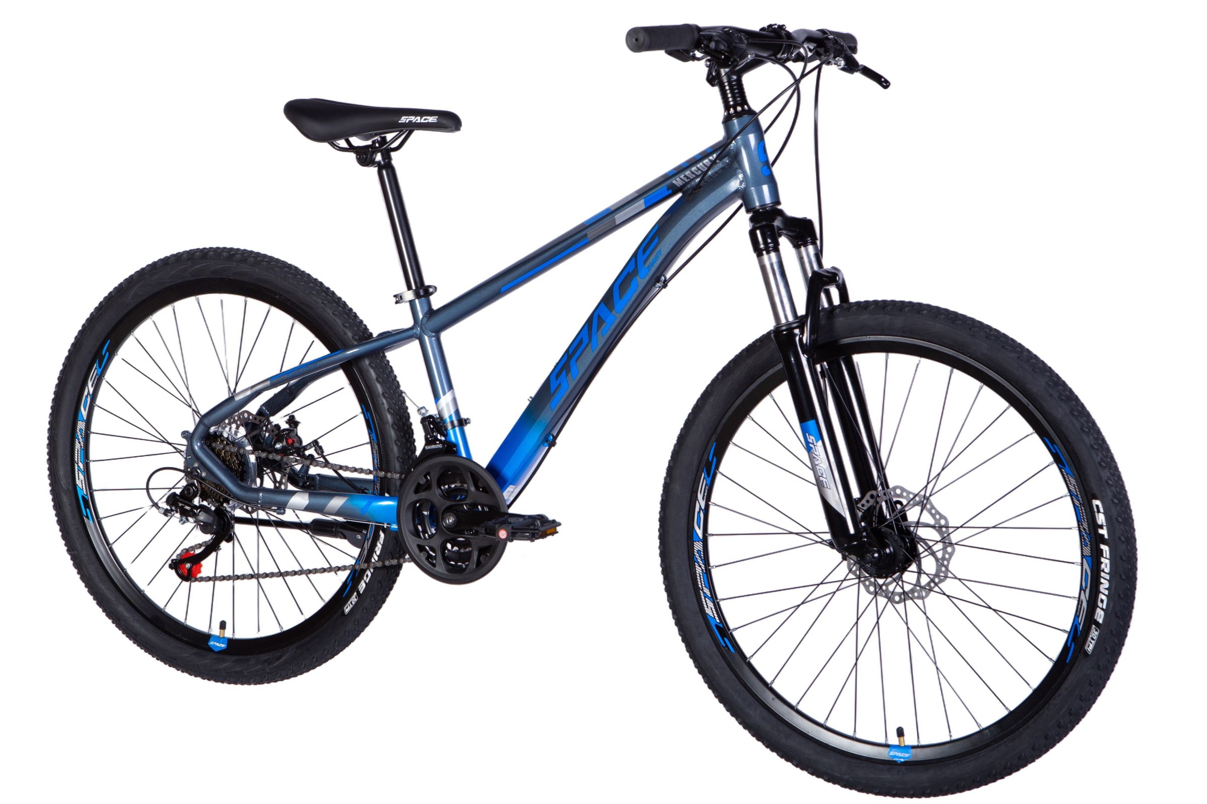 Modrý horský bicykl s širokými pneumatikami
