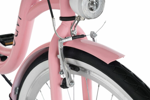 Rosa cykel med däck och bromsdetaljer