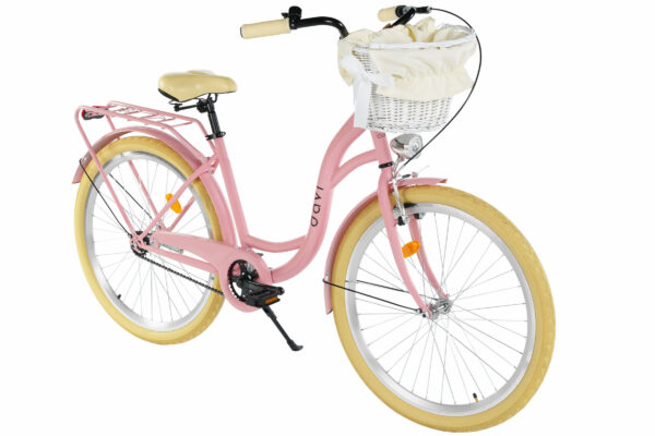 Rosa cykel med vit korg och gula hjul