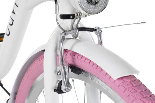 Cykeldäck med rosa däck och vit skärm.