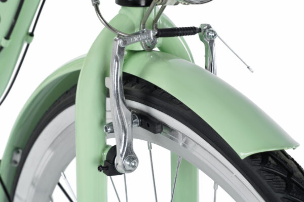 Grön cykelframhjul med bromsar och stänkskärm
