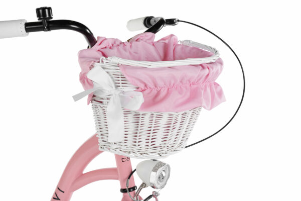 Vit cykelkorg med rosa kant och rosett