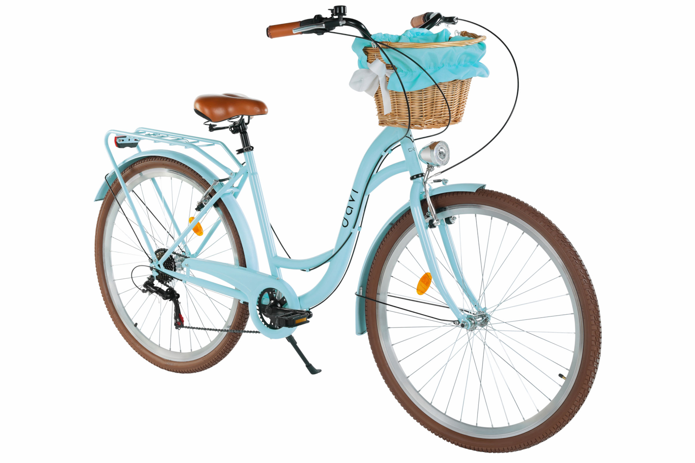 Modrý dámský bicykl s košíkem.