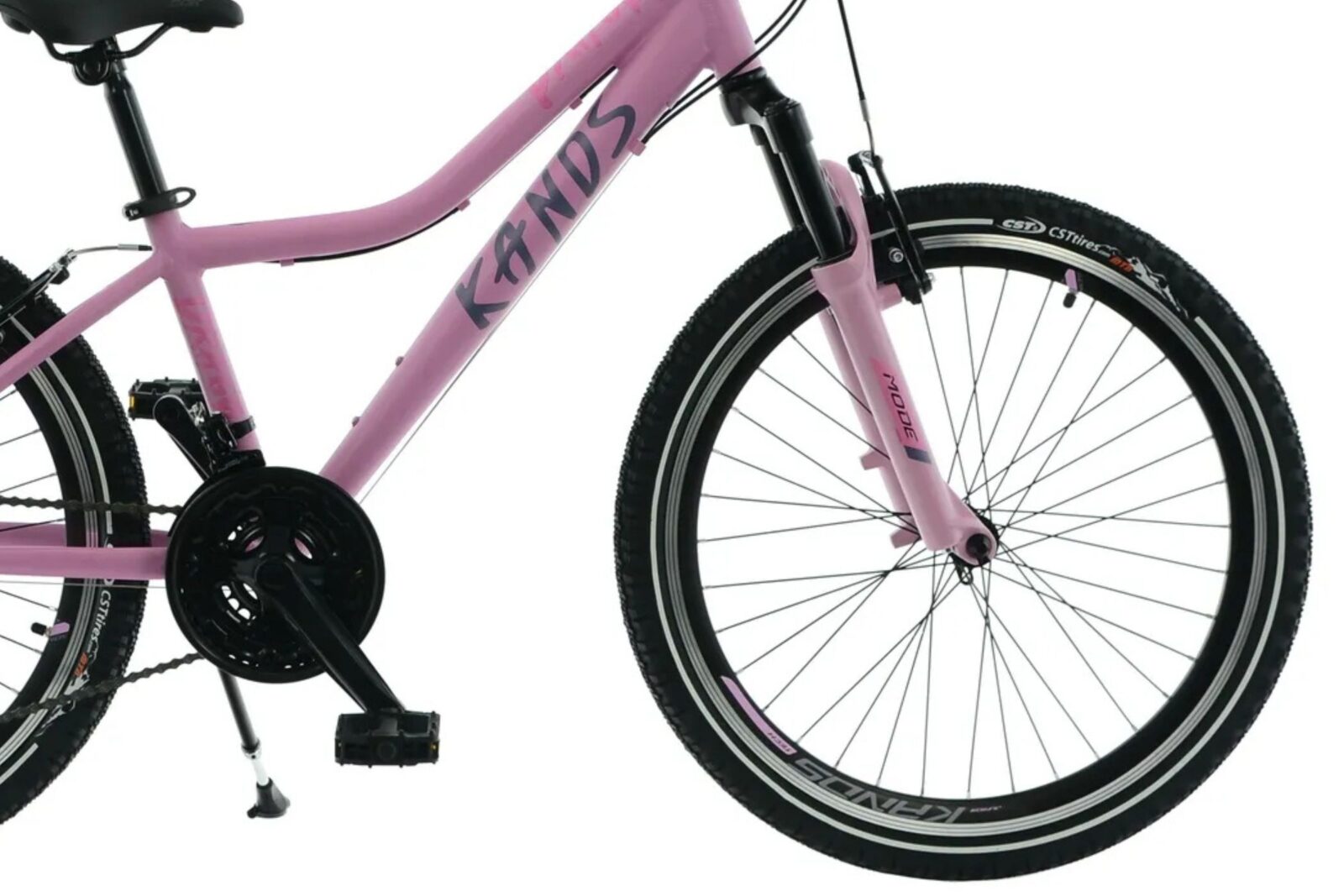 Rosa cykel framifrån med däck och ram.