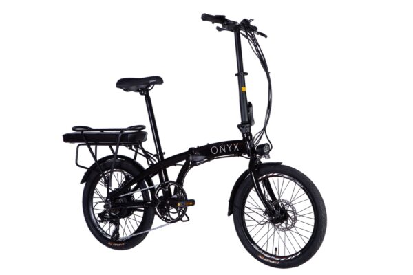 Svart hopfällbar elcykel med pakethållare.