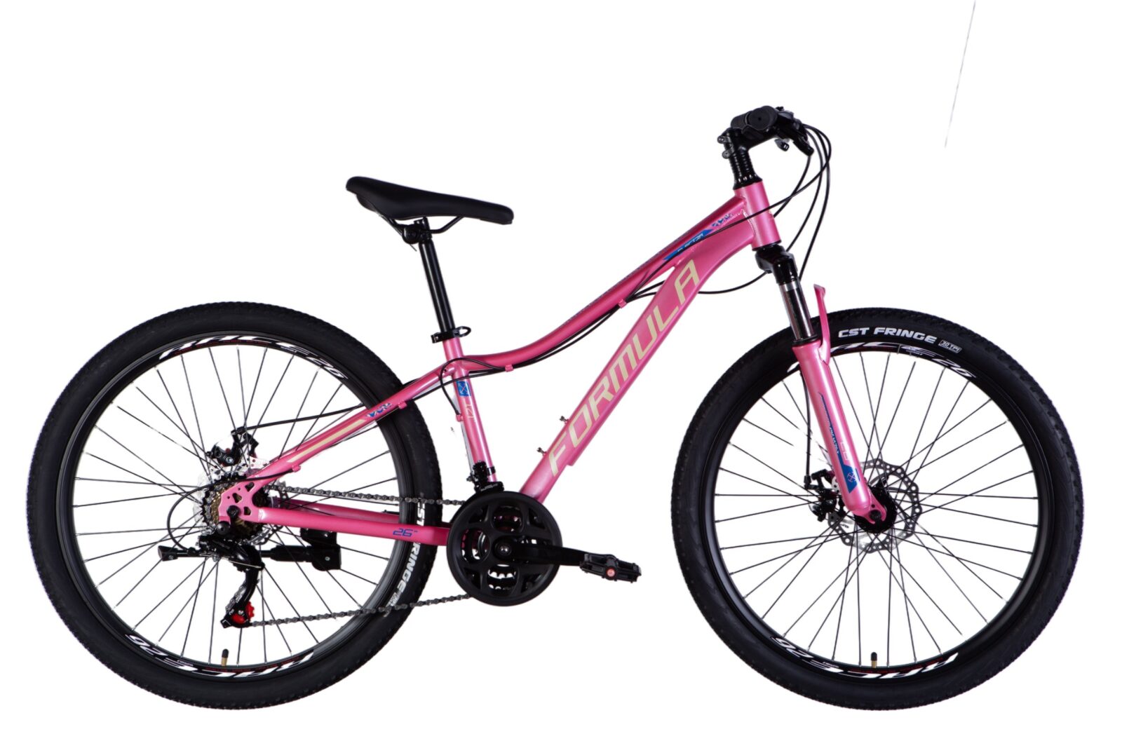 Rosa mountainbike med Formel-logotyp.