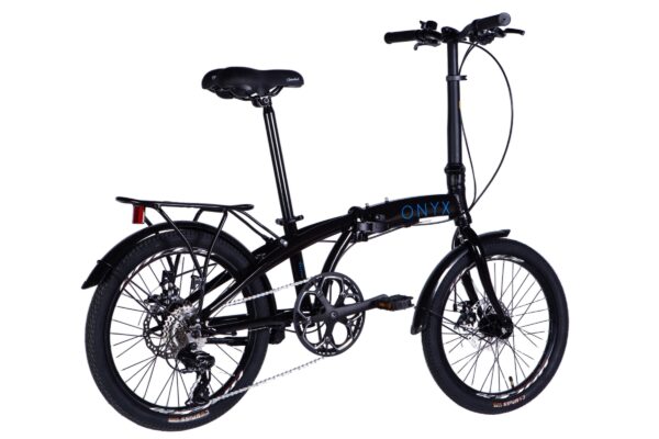 Svart hopfällbar cykel med pakethållare.