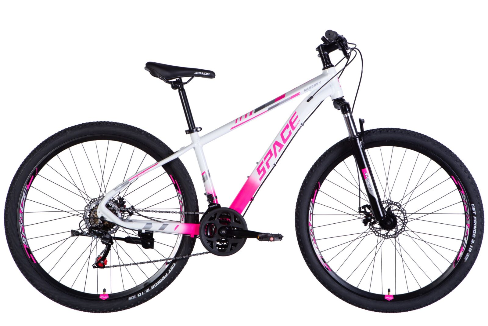 Vit och rosa mountainbike med stora däck.