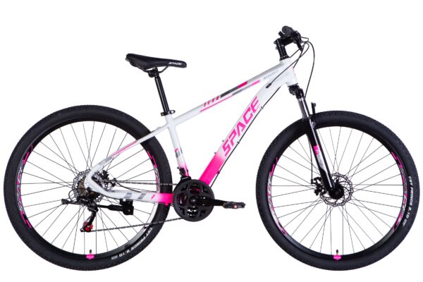 Vit och rosa mountainbike med stora däck.