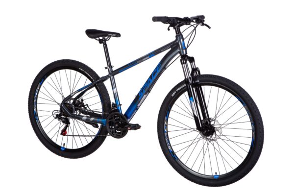 Svart och blå mountainbike med dämpad framgaffel.