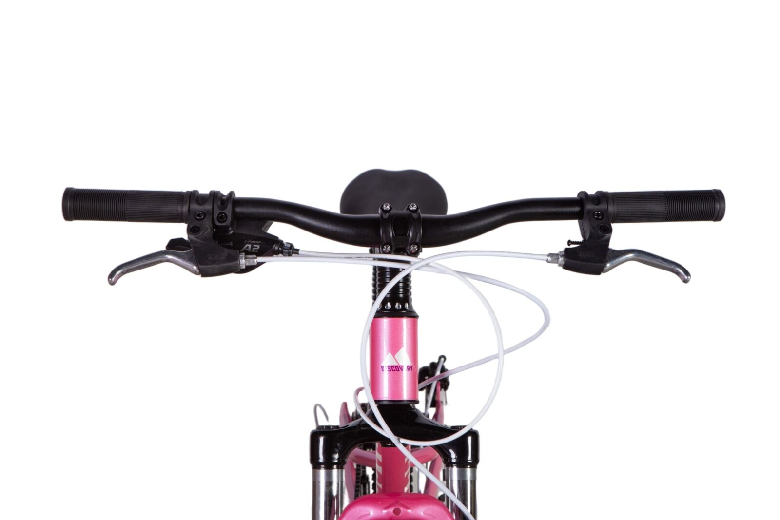 Framgaffel och styre på rosa cykel.