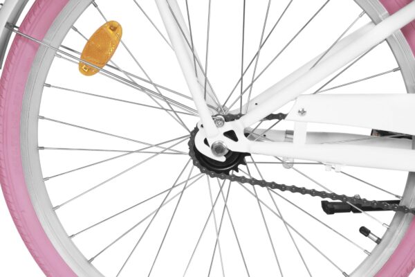 Cykelhjul med rosa däck och gult reflex.