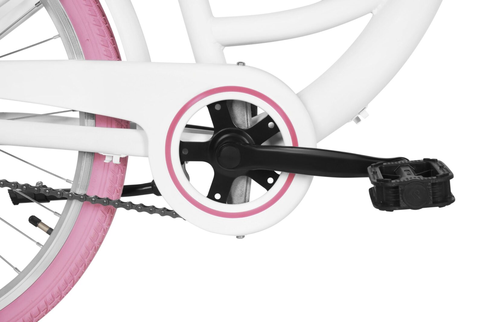 Närbild av rosa cykeldäck och pedal