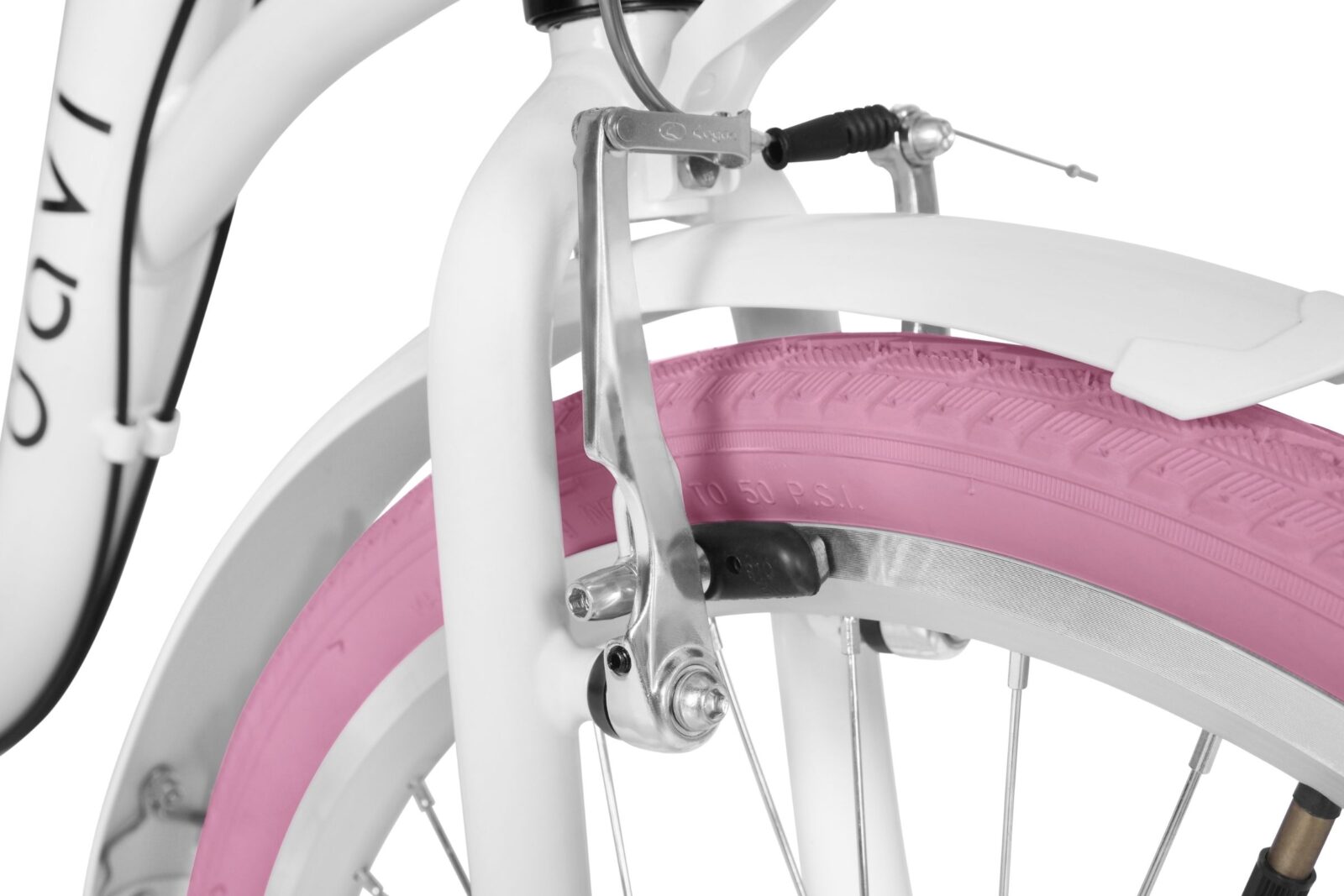 Närbild av vit cykel med rosa däck