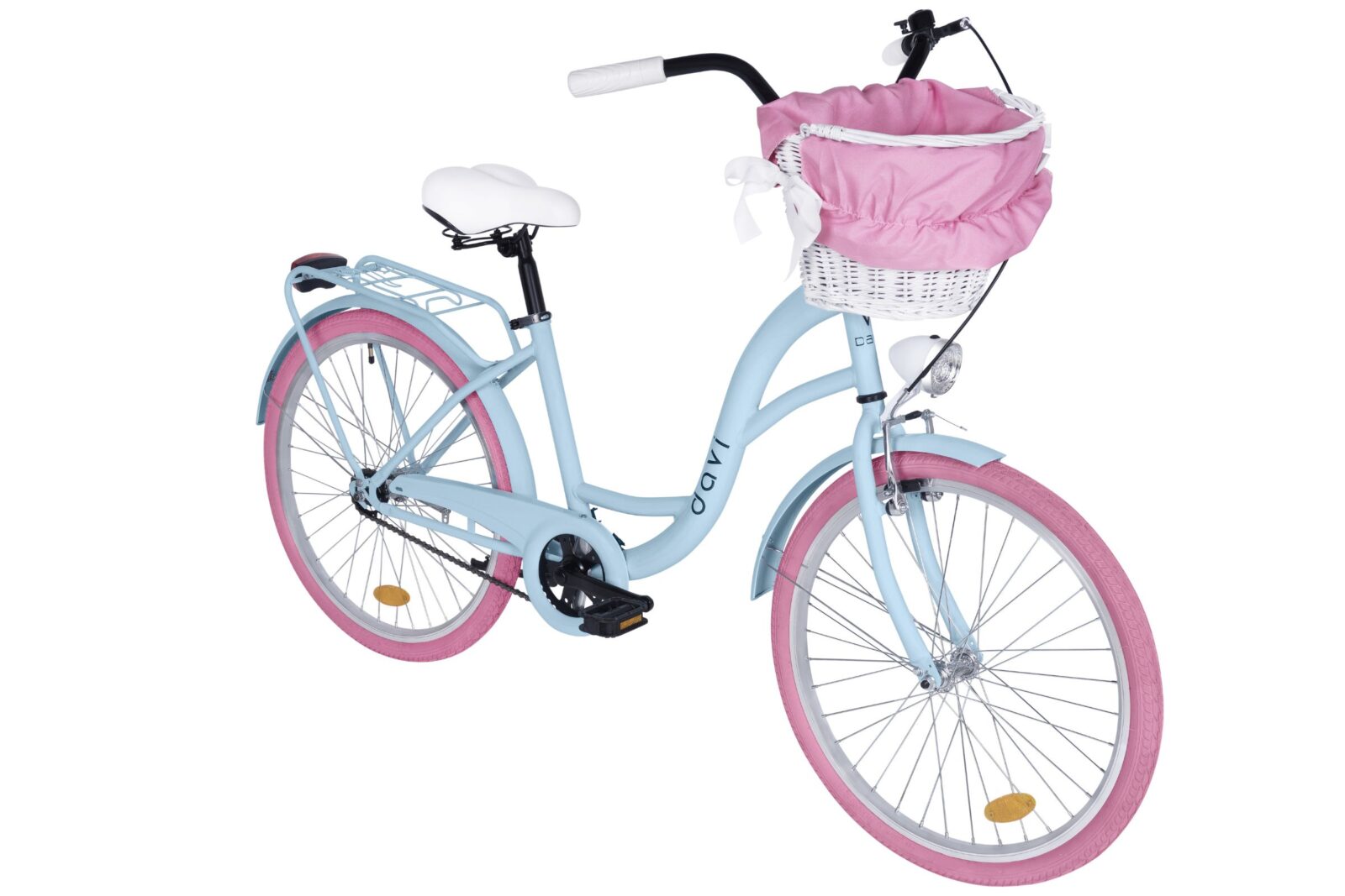 Blå cykel med rosa hjul och vit korg.