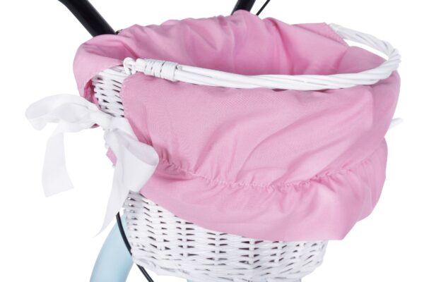 Cykelkorg med rosa tyg och vit rosett
