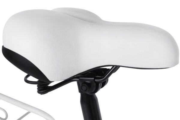 Vit cykelsadel med svarta fjädrar och ram.