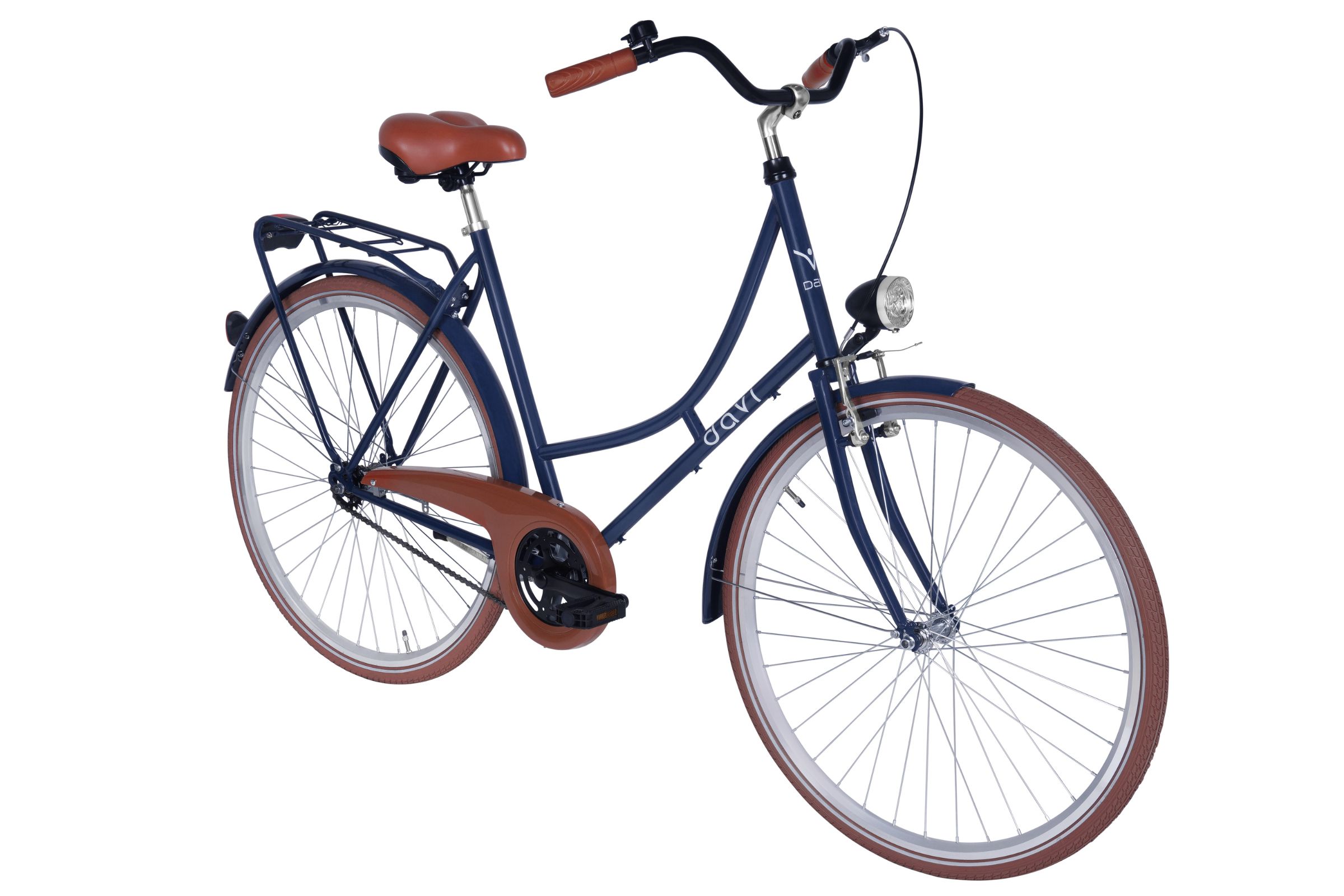 Modrý městský bicykl s hnědým sedlem.